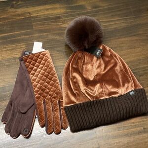 Justin Gregory Copper Crush Velvet Brown Knit Pom Beanie Matching Gloves NWT